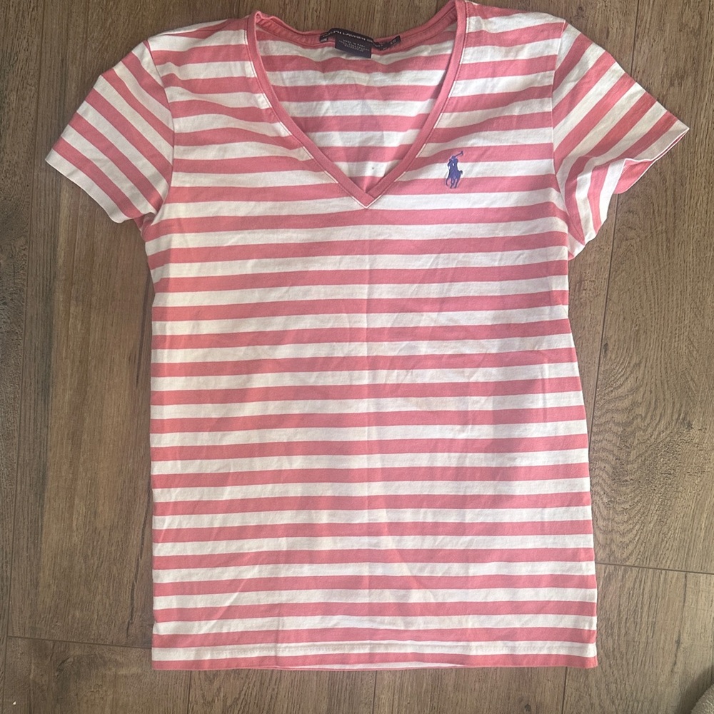 Ralph Lauren Pink & White Striped V-Neck T-Shirt with Polo Pony